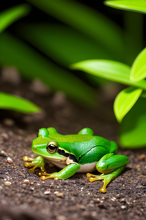 a green frog sitting on the ground in the shade