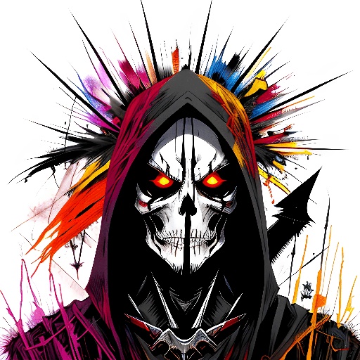 skull with colorful hair and a hood on