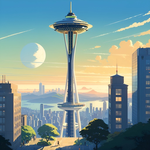 a picture of a space needle in the city