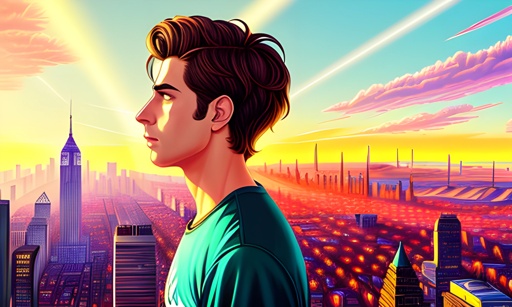illustration of a man looking at a city with a sunset in the background