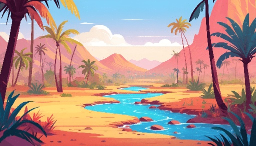 a cartoon illustration of a tropical river running through a desert