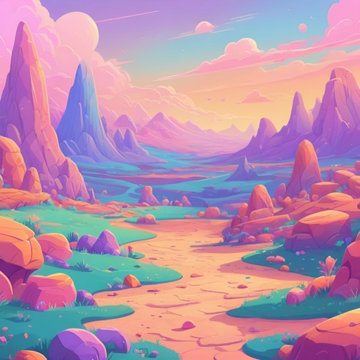 a cartoon landscape with a dirt road and rocks