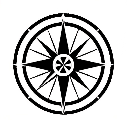 a close up of a black and white compass symbol on a white background