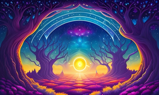 illustration of a fantasy forest with a bright sun in the middle