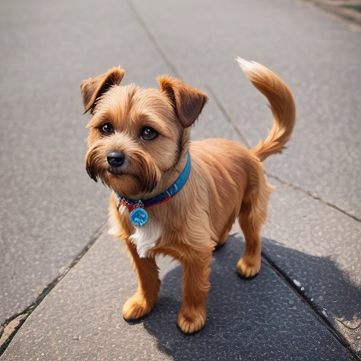 a small brown dog standing on a sidewalk