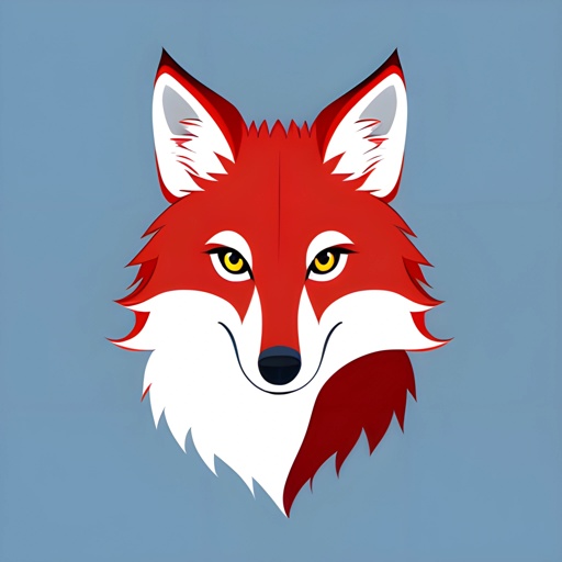 a red fox with white and black eyes on a blue background