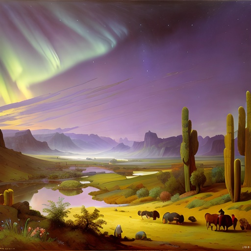 painting of a desert scene with horses and cactuses and a aurora