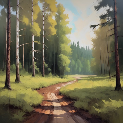 painting of a dirt road in a forest with tall trees
