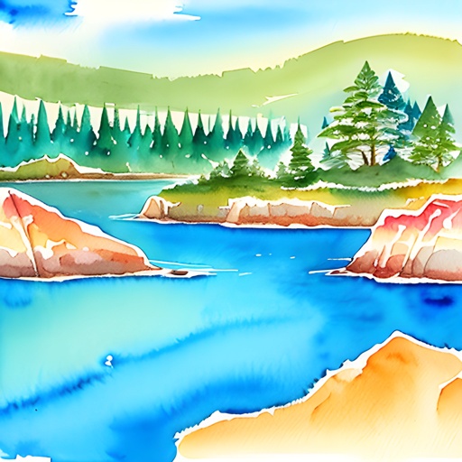 a watercolor painting of a lake with trees in the background