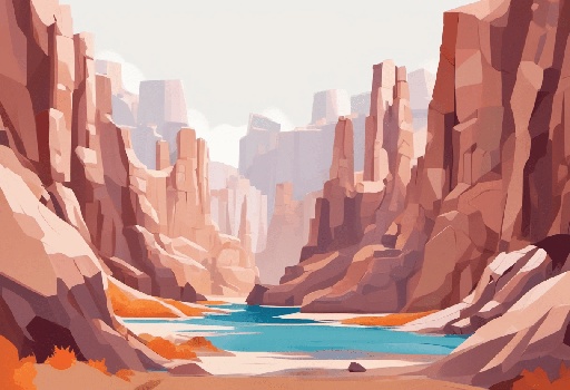 a painting of a river in a canyon with rocks