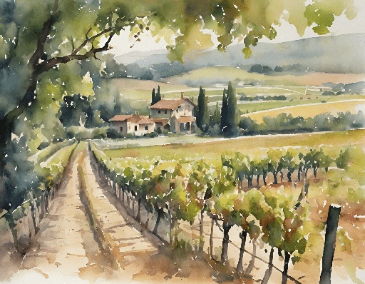painting of a vineyard with a house and a tree in the background