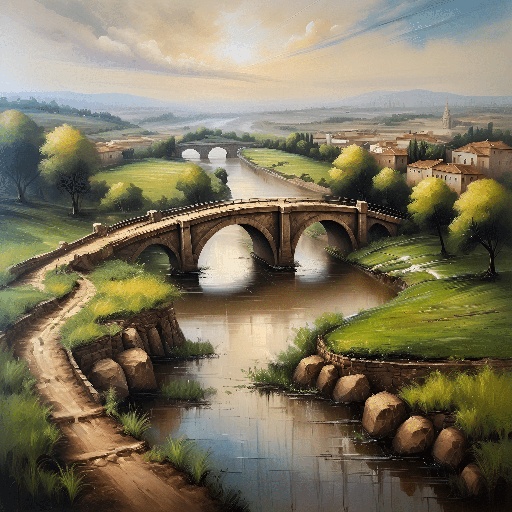 painting of a bridge over a river with a small town in the background