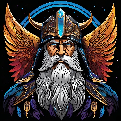 a close up of a bearded man with a helmet and wings