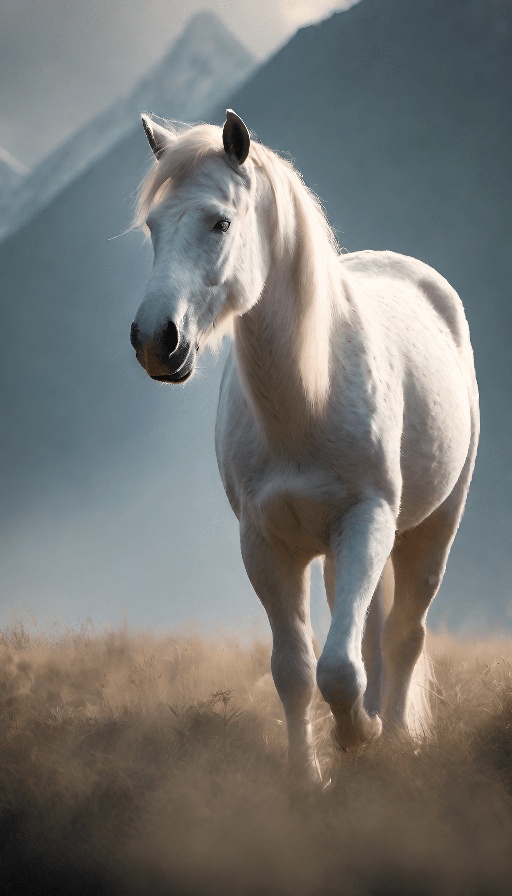 a white horse that is walking in the grass