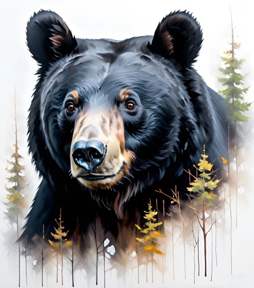 painting of a bear in a forest with trees and snow