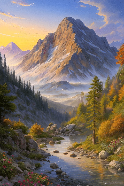 painting of a mountain scene with a stream and a mountain in the distance