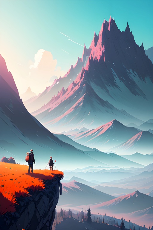 there are two people standing on a cliff overlooking a mountain