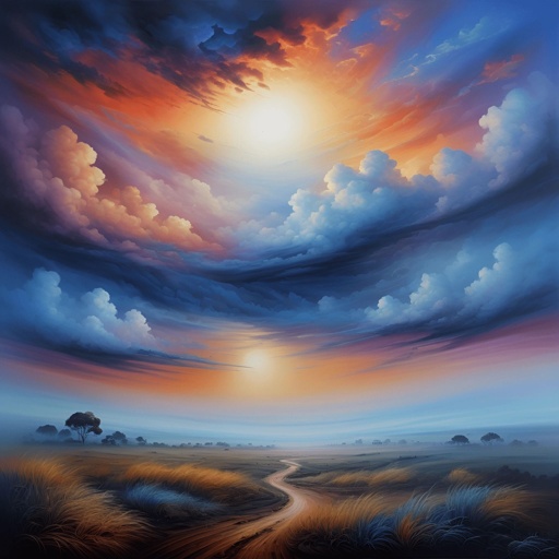 painting of a sunset with a dirt road in the foreground