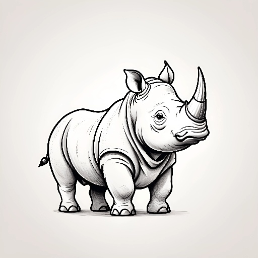 a black and white rhino standing on a white background