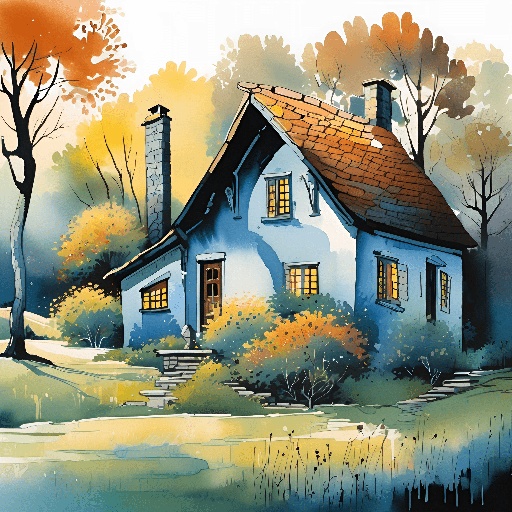 a painting of a house in the woods with a tree