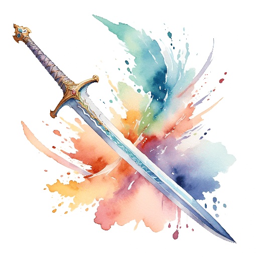 a watercolor painting of a sword with a gold handle