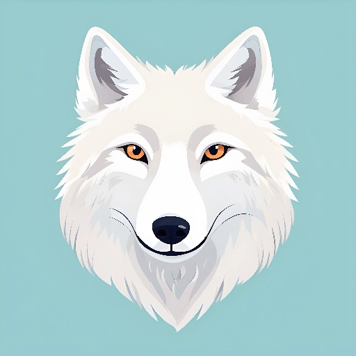 a white wolf with orange eyes on a blue background