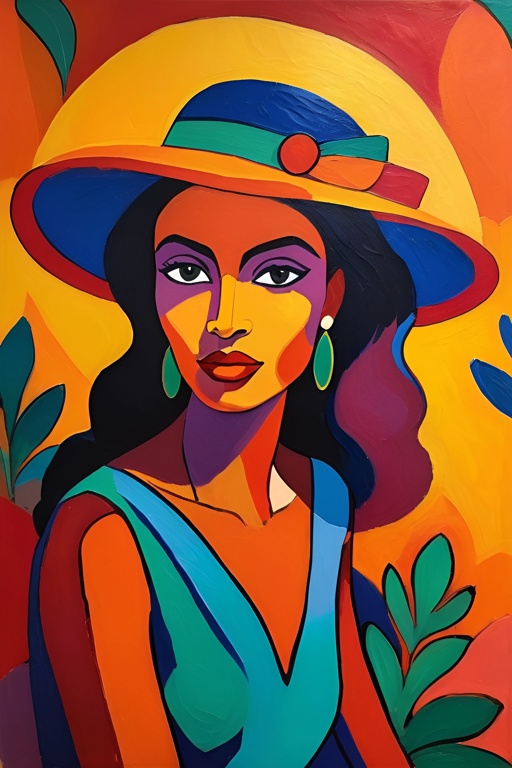 painting of a woman with a hat and earrings in a colorful setting