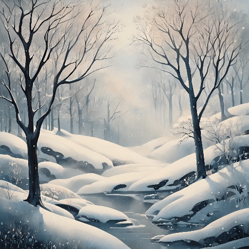snowy scene of a stream in a snowy forest with trees