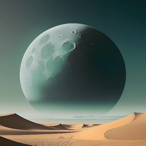 a large moon in the distance over a desert