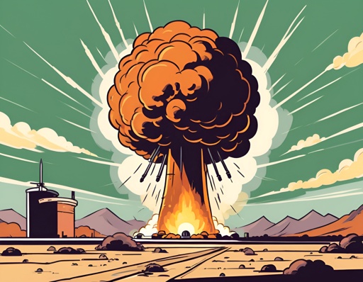 illustration of a nuclear explosion in a desert landscape