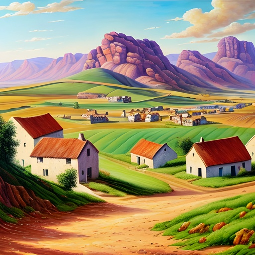 painting of a rural scene with a dirt road and farm buildings