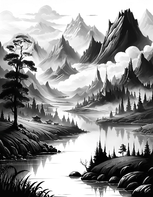 a black and white painting of a mountain lake with trees