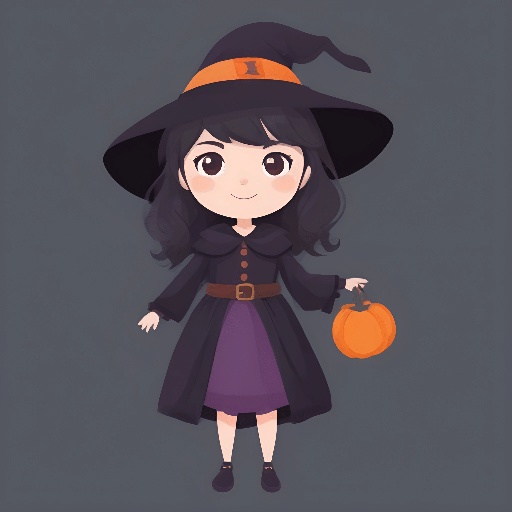 cartoon girl dressed in a witch costume holding a pumpkin