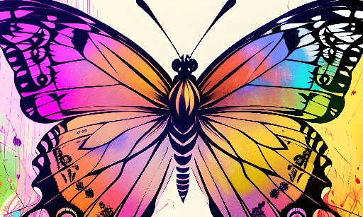 brightly colored butterfly with black wings and a white background