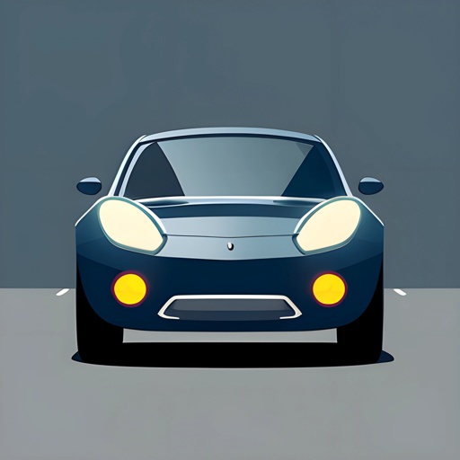 a blue car with yellow headlights on a gray background