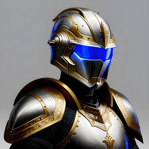 knight in armor with blue helmet and gold accents