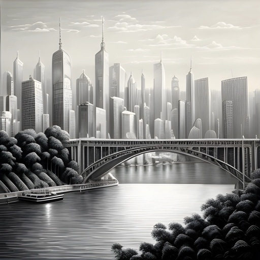 painting of a city skyline with a bridge over a river