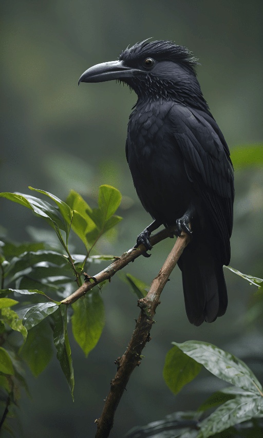 a black bird sitting on a branch in the forest