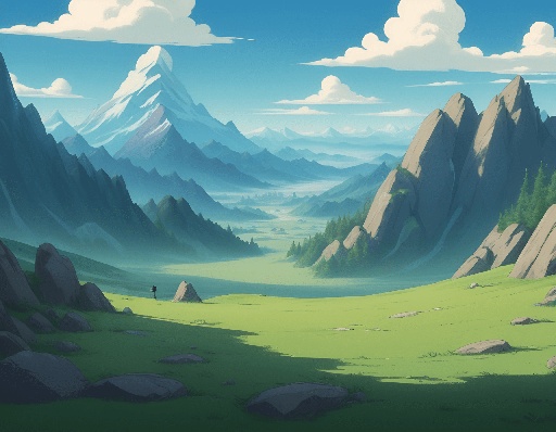 a cartoon style illustration of a mountain valley with a person walking