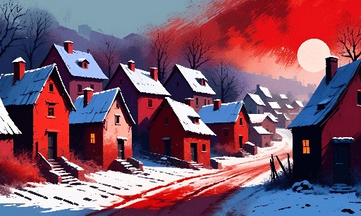 snowy village with red houses and a red sky