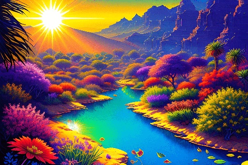 painting of a river with colorful trees and flowers in the foreground