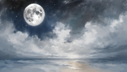 painting of a full moon over a body of water with a boat in the water