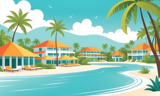 illustration of a tropical beach with lounge chairs and umbrellas