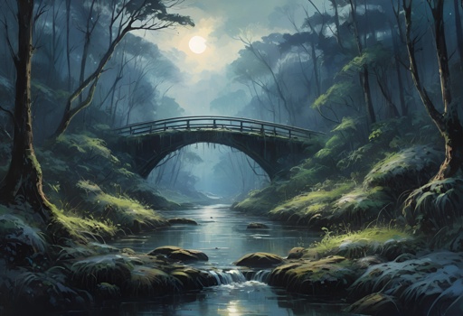 painting of a bridge over a stream in a forest with a full moon