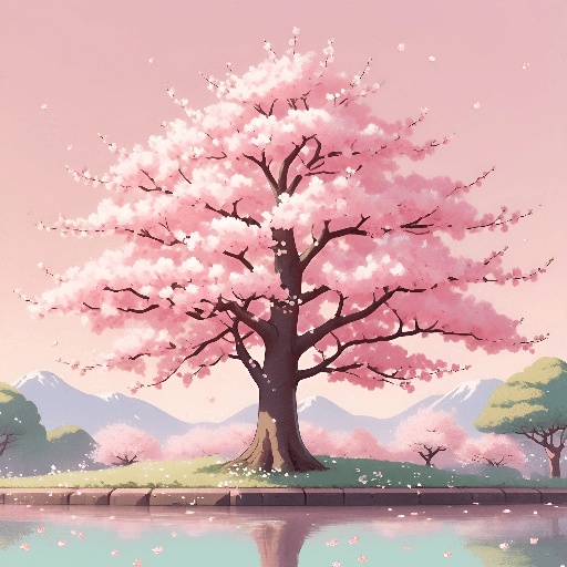 a tree with pink flowers in the middle of a lake