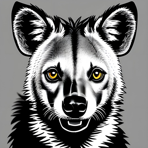 a black and white drawing of a dog with yellow eyes