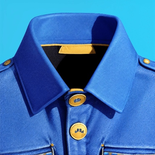 a close up of a blue uniform with a gold button