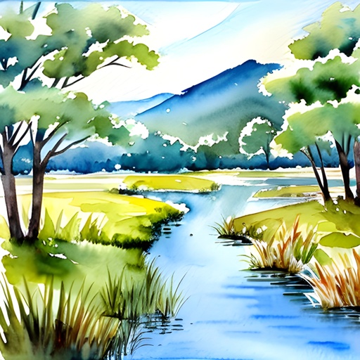 painting of a river with trees and grass in the foreground