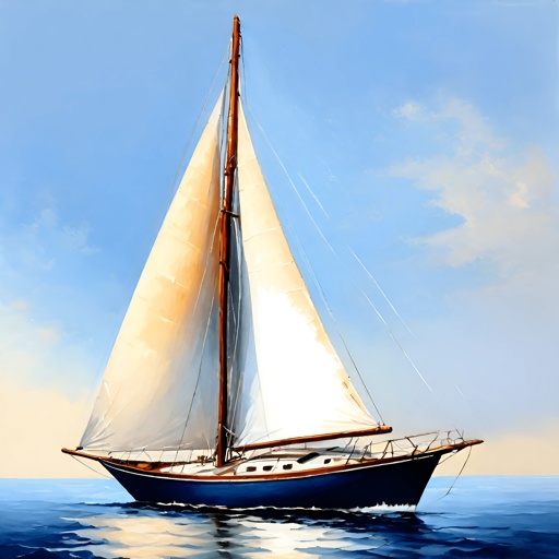 painting of a sailboat with white sails in the ocean