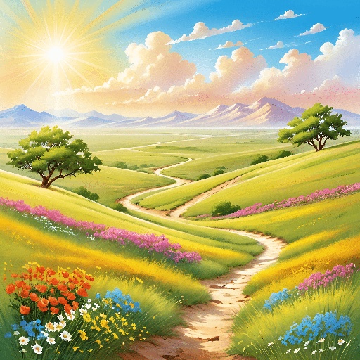 a painting of a sunny day in a green field with a path leading to a mountain